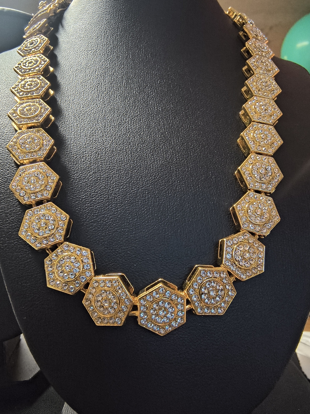 Gold Crystal Hexagon Link Necklace - Unbranded